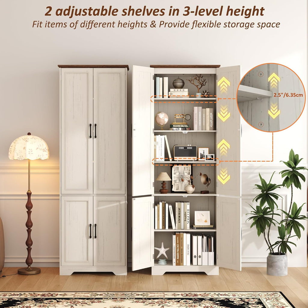 Function Home Farmhouse Kitchen Pantry Cabinet, 72' Tall Storage Cabinet with Doors and Adjustable Shelves, 6 Tier Freestanding Cupboard for Dining Room Living Room Bathroom, Antique White & Brown Top