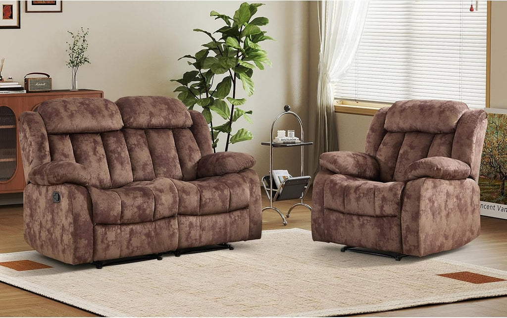 EBELLO Manual Reclining Sofa Set, Classic Recliner Sofa with Overstuffed Arms and Backrest, Include 1 Recliner Chair, 1 Loveseat Couch, Dark Brown
