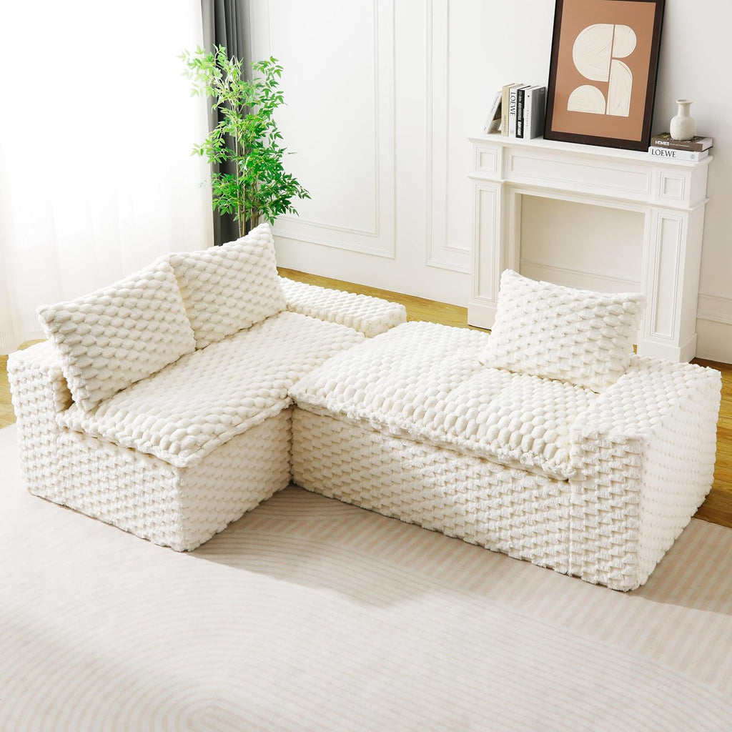KEIKI 96' L-Shape Modular Boneless Couch with Chaise for Modern Home Small Space, Sectional Sofa Deep Seat Oversized Loveseat Convertible Sofa Bed for Apartment Furniture Lounge Relaxing Corner, White