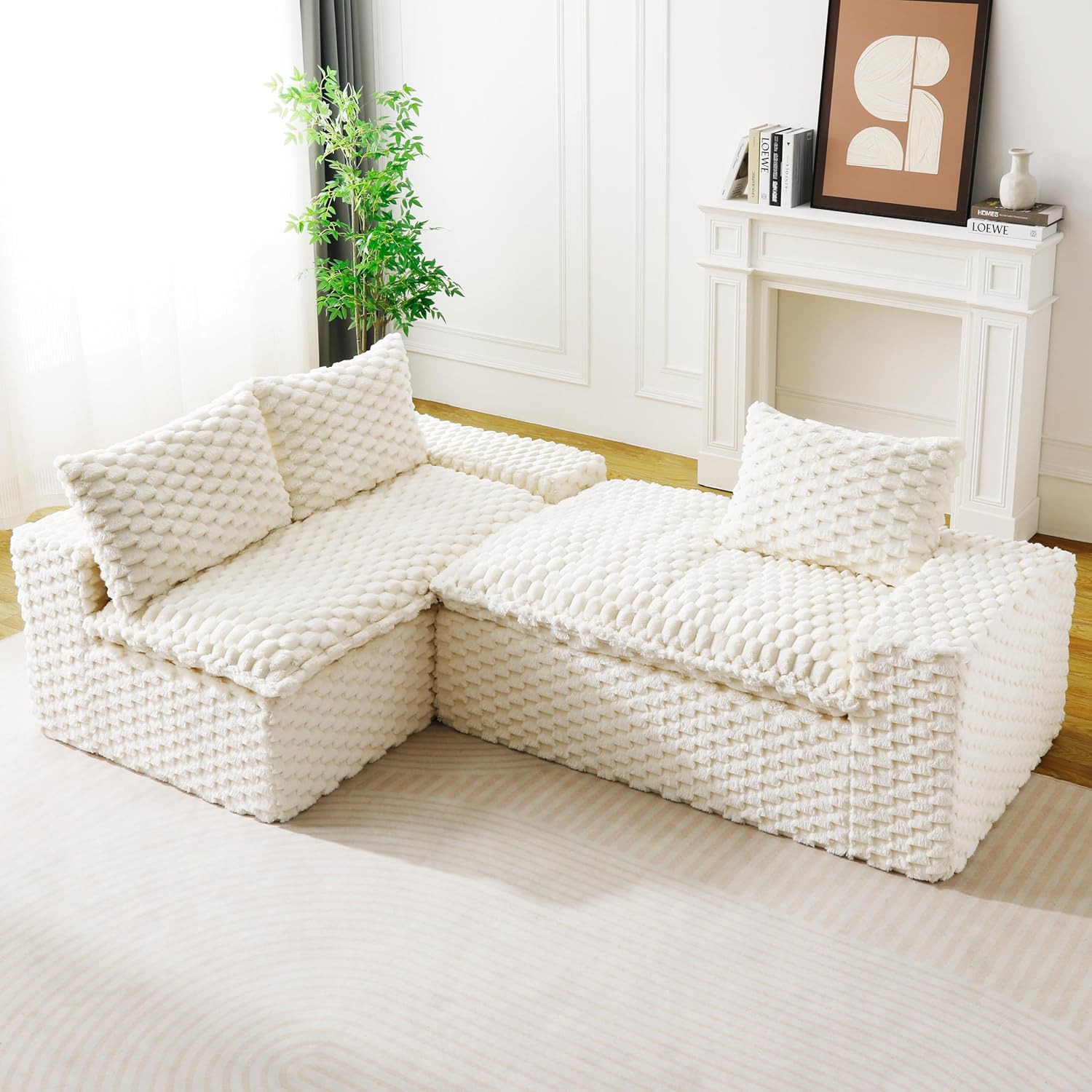 KEIKI 96' L-Shape Modular Boneless Couch with Chaise for Modern Home Small Space, Sectional Sofa Deep Seat Oversized Loveseat Convertible Sofa Bed for Apartment Furniture Lounge Relaxing Corner, White