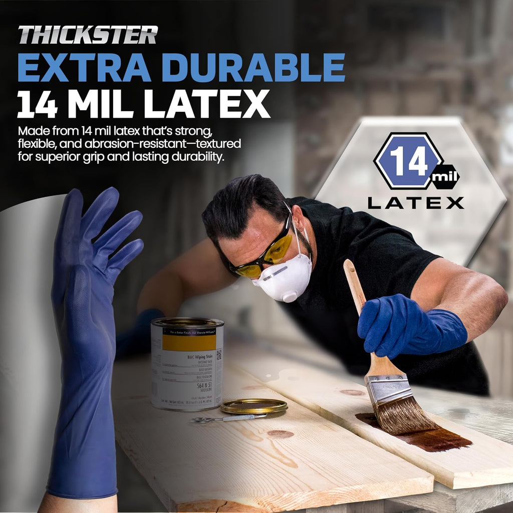 SAS Thickster Powdered Latex Disposable Gloves - 10 Boxes / 50 Ea. 500 Gloves Total. 14 Mil, 2XL, Blue. Fully Textured. 12' Length. Disposable Gloves. Puncture Resistant (6605)