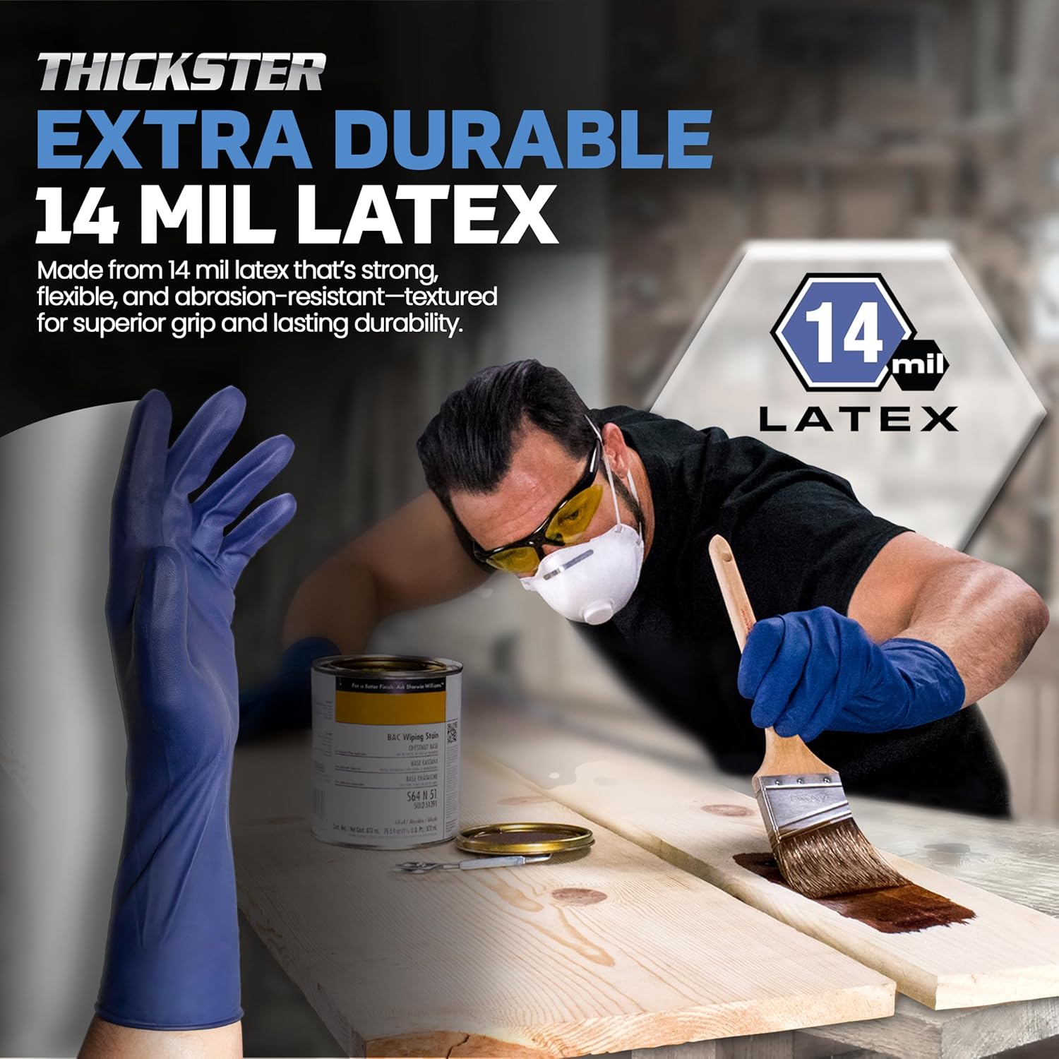 SAS Thickster Powdered Latex Disposable Gloves - 10 Boxes / 50 Ea. 500 Gloves Total. 14 Mil, Large, Blue. Fully Textured. 12' Length. Puncture Resistant