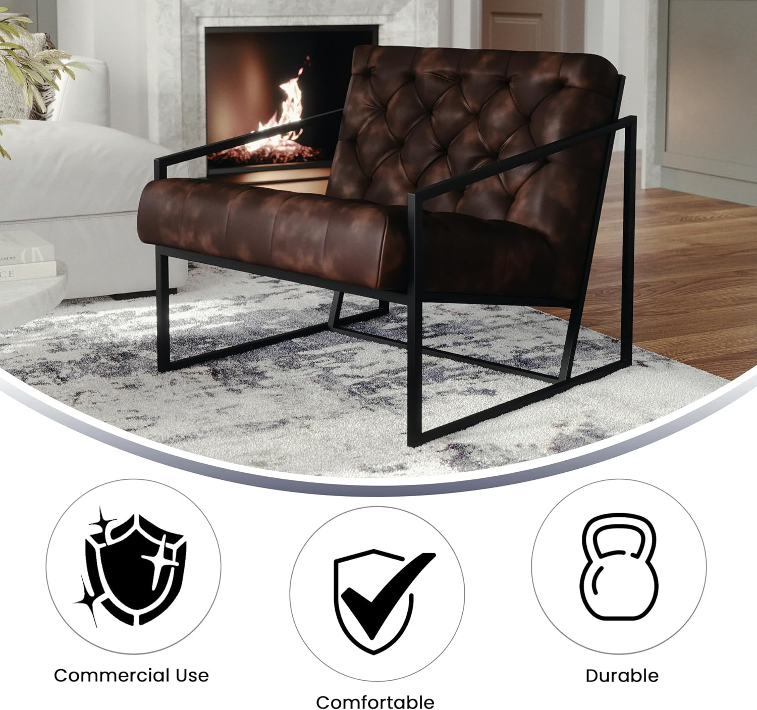 Flash Furniture Hercules Madison Series Bomber Jacket LeatherSoft Tufted Lounge Chair, Tufted Retro Accent Chair for Living Room or Office, Brown/Black