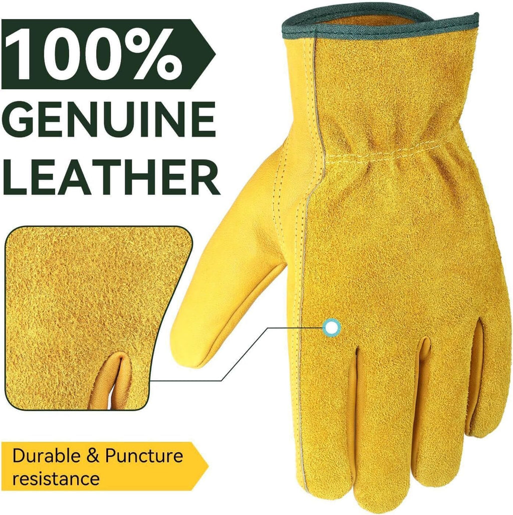 OZERO Leather Work Gloves for Men & Women, 24 Pairs Bulk Genuine Cowhide Garden Gloves, Lab Tested EN388 2143X, Flexible Grip, Breathable Unlined Comfort, Elastic Wrist (Gold, Medium)