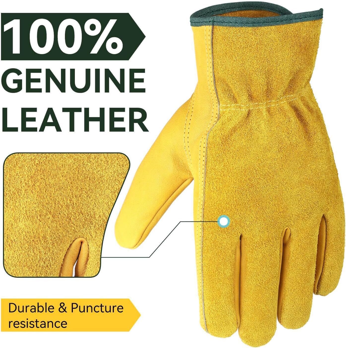 OZERO Leather Work Gloves for Men & Women, 24 Pairs Bulk Genuine Cowhide Garden Gloves, Lab Tested EN388 2143X, Flexible Grip, Breathable Unlined Comfort, Elastic Wrist (Gold, Medium)