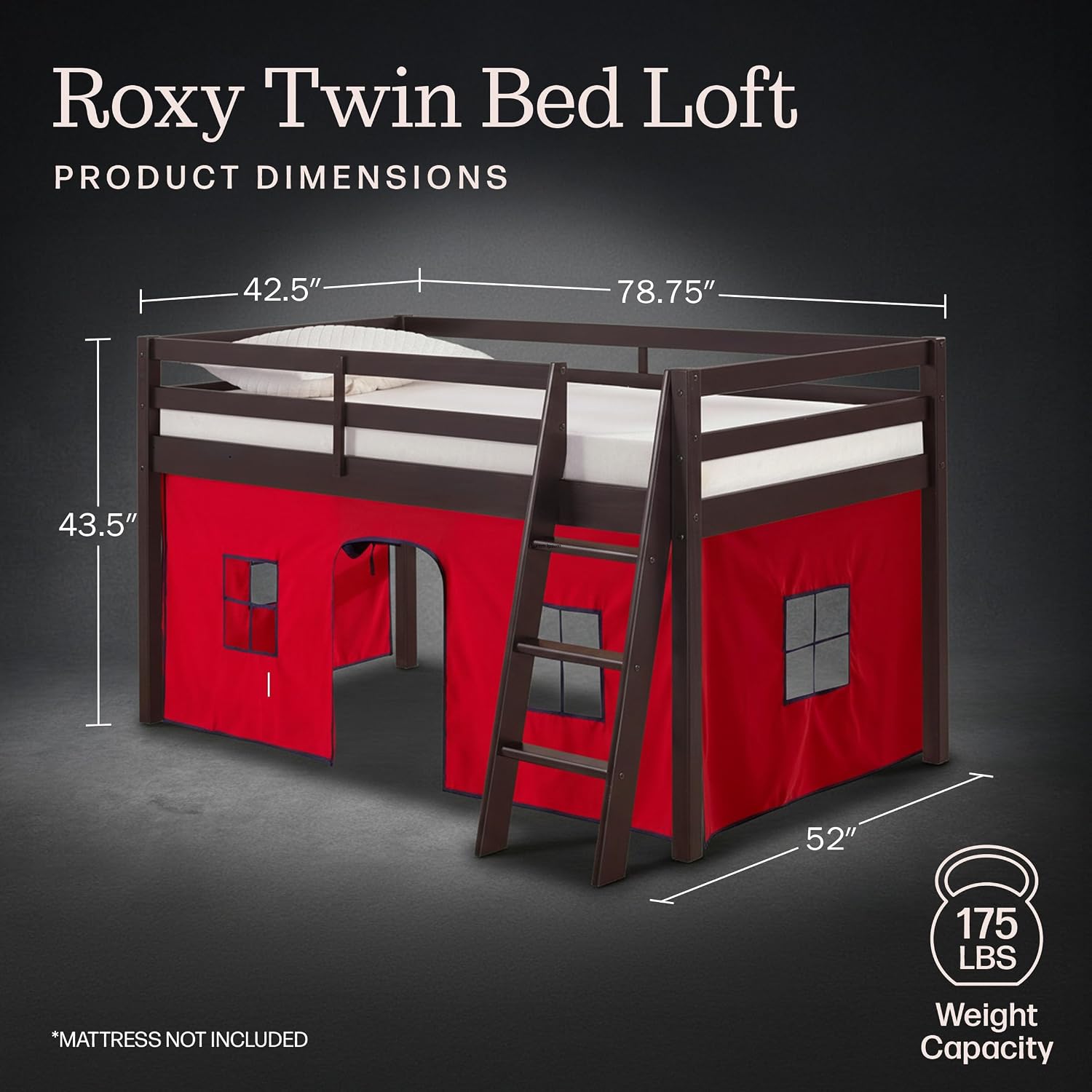 Alaterre Furniture Roxy Low Loft Bed Twin Size Frame with Tent - Solid Wood Loft Bed with Safety Guardrails, Inclined Ladder and Play Tent - No Box Spring Needed, Easy Assembly (Espresso & Red)