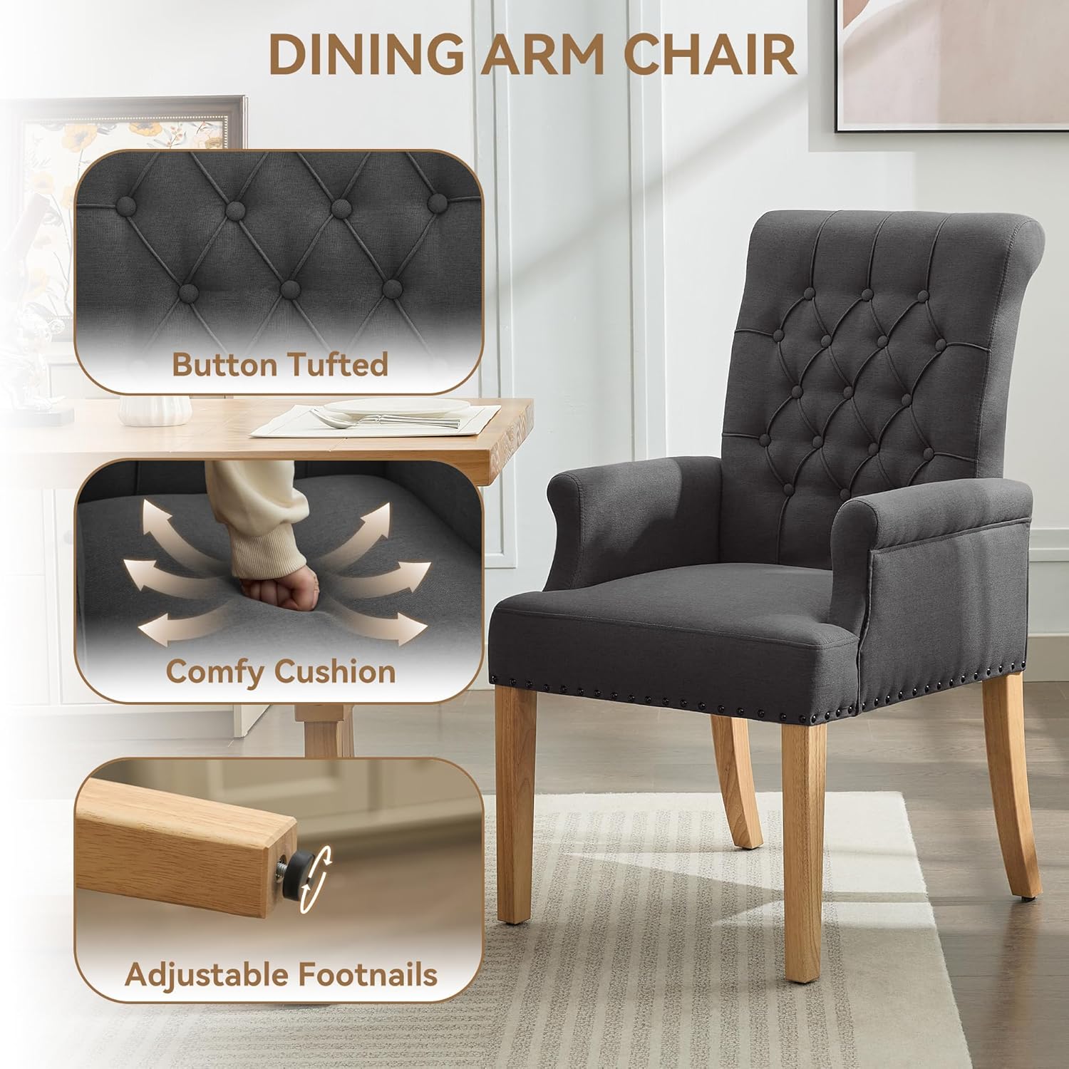 WUTUTUEE Fabric Dining Chair with Arms, Upholstered Tufted High Back Dining Room Chairs, Accent Armchair with Solid Wood Leg and Nailhead Trim, Kitchen Dining Living Room, Dark Grey