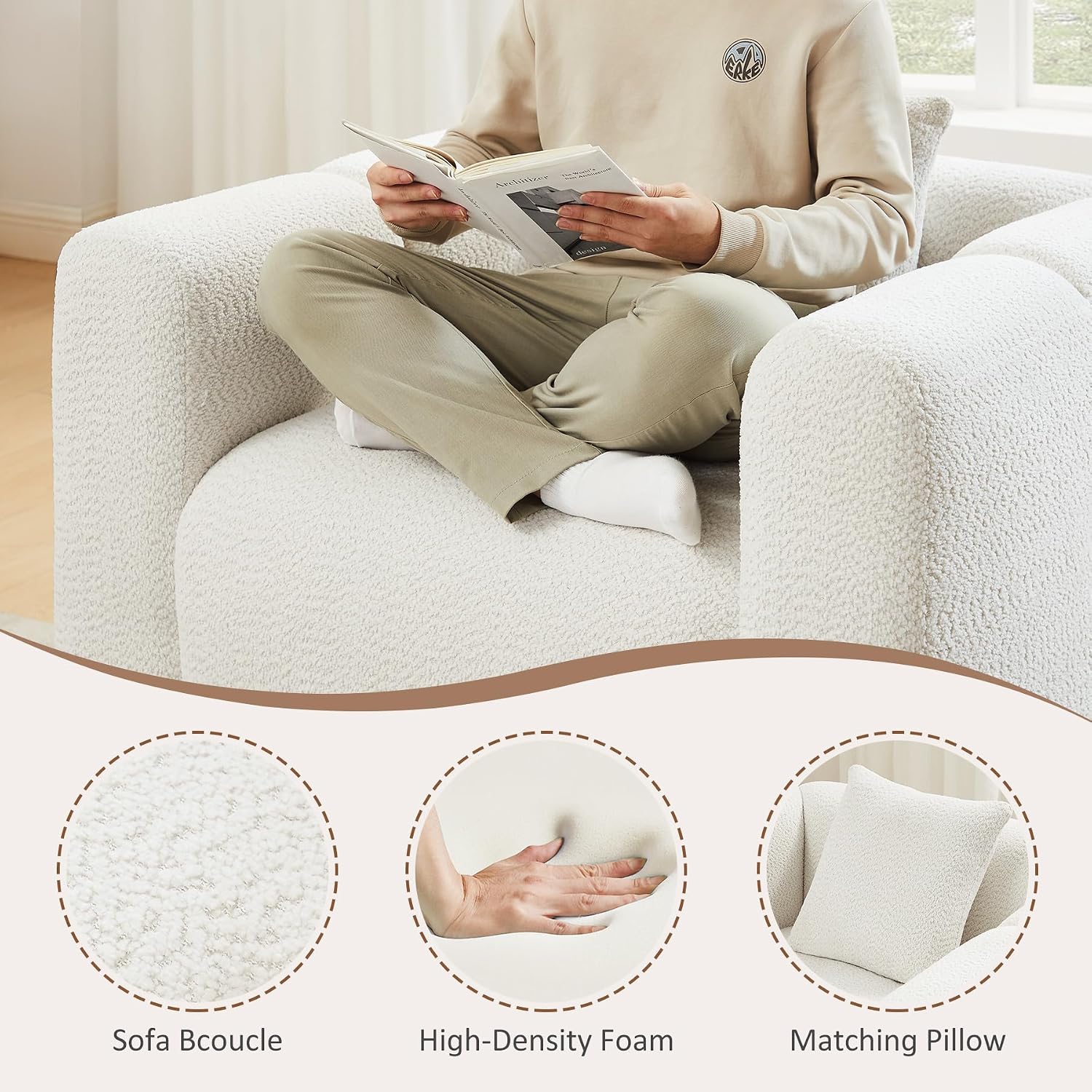 VANOMi 42' W Oversized Armchair, Modern Boucle Accent Chair with Pillow, Comfy Living Room Chairs for Reading, Office, Apartment, White