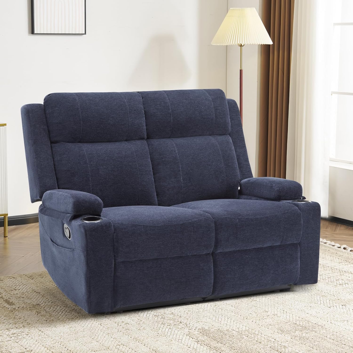 Loveseat Recliner, Double Recliner Loveseat with Adjustable Footrest & Cup Holder, Wall Hugger Recliner for Living Room & Home Theater & RV(Blue)