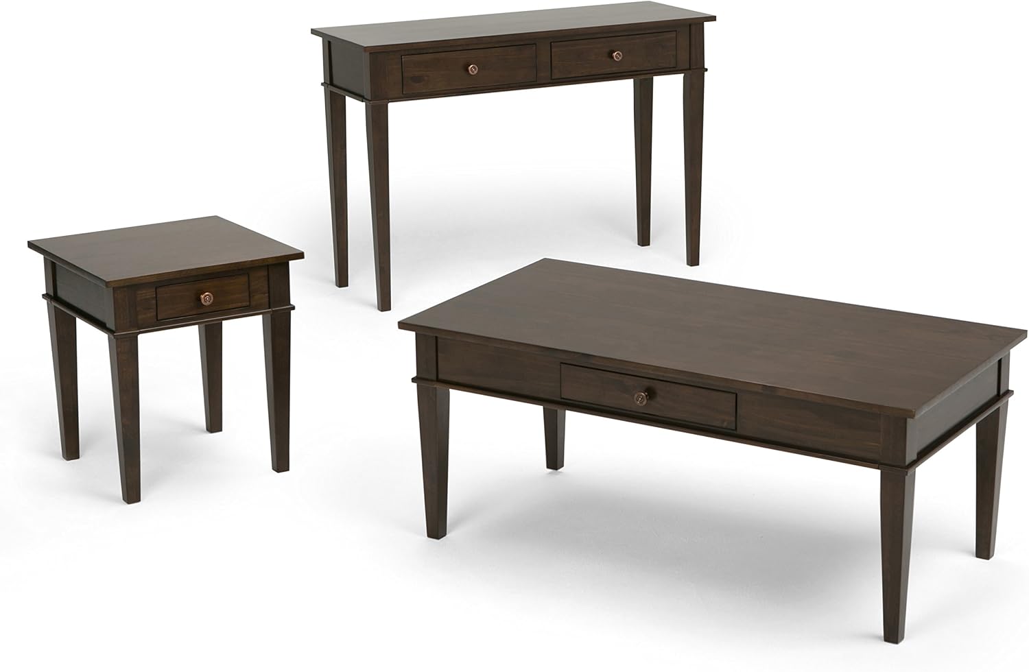 SIMPLIHOME Carlton Coffee Table - 44 inch Wide Solid Wood Transitional Cocktail Table in Dark Tobacco Brown, Classic Living Room Table with Open Storage Shelf and Clean-Lined Tapered Leg Design