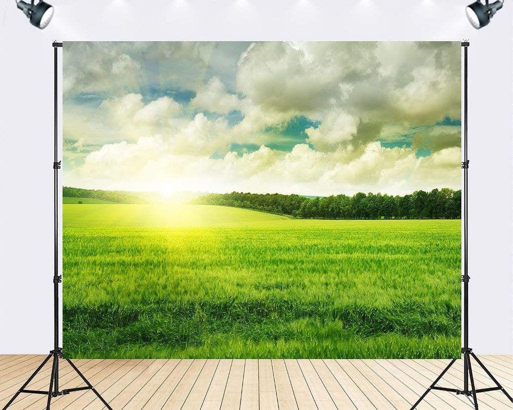 Trykid 20x10ft Green Field Sunrise Backdrop Bright Sky Lush Grass Photography Background Outdoor Camping Nature Tour Tapestry Party Decoration Photo Studio Prop Fabric