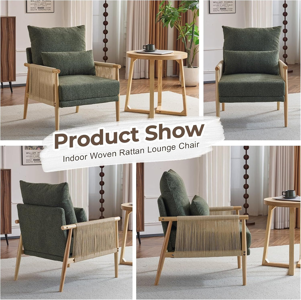 Karl home Cozy Chenille Accent Chair with Lumbar Pillow & Rattan Arms Modern Lounge Chair for Living Room, Bedroom, Reading Nook, Green