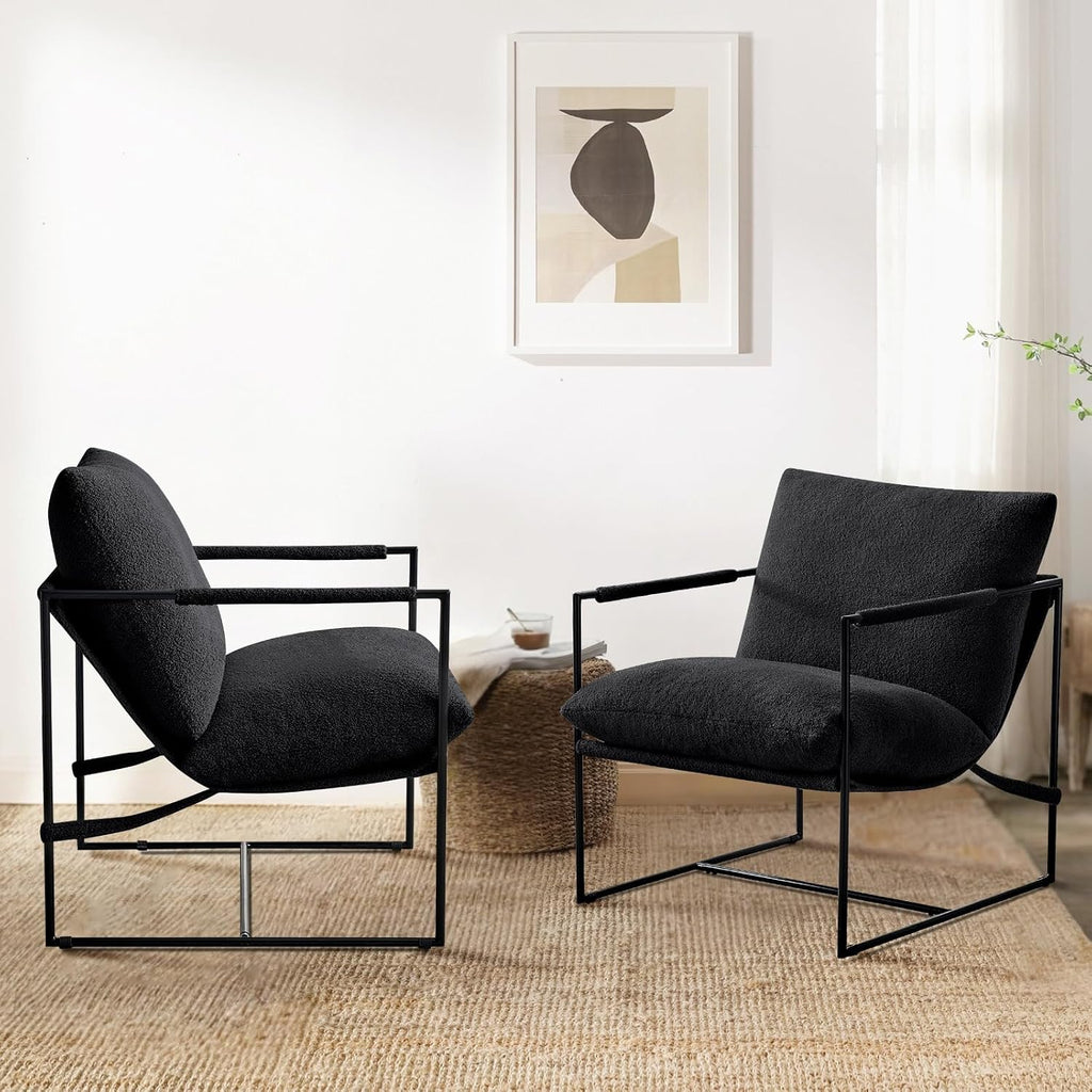 Furnilivng Large Sling Accent Chair, Comfortable Boucle Fabric Arm Chair, Upholstered Cozy Reading Chair for Living Room, Bedroom, Dressing Room, Home Office (Black, Set of 2)