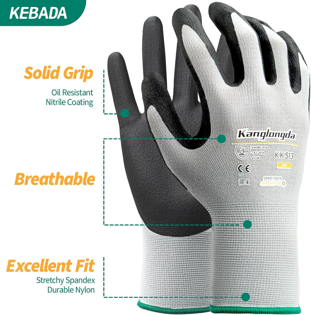 Kebada 60-Pairs Small Work Gloves for Men and Women, Nitrile Coated Safety Protective Gloves with Grip, Ideal for Warehouse, Delivery, Light Duty Construction Work