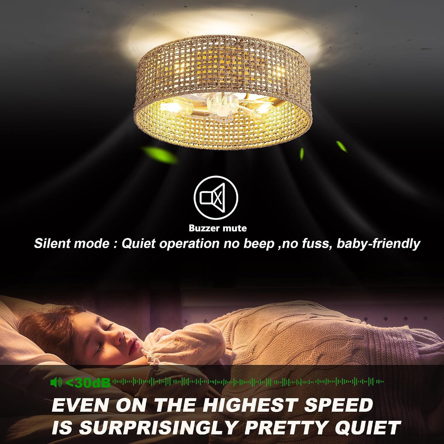 Fandelier Ceiling Fan with Light, 20 Inch Rattan Fans 。Remote Control ，Boho Caged，Handwoven，Flush Mount Low Profile 6 Speeds for Bedroom, Living Room,Dining Room.Yoga Room