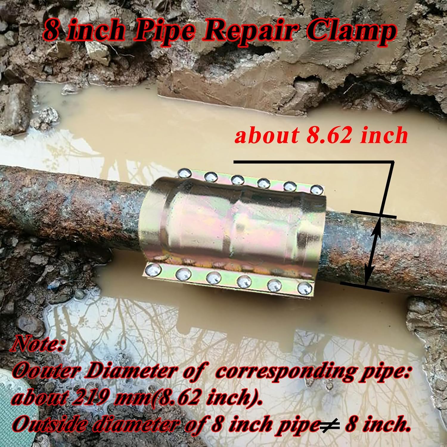 Water Pipe Repair Clamp for 8 inch Pipe(OD of The Applicable Pipe is 8.62 inch),Leak Sealer for Pipes and Plumbing,Length 11.6 inch,Suitable for PE/PPR Pipe,Steel Pipe,Iron Pipe