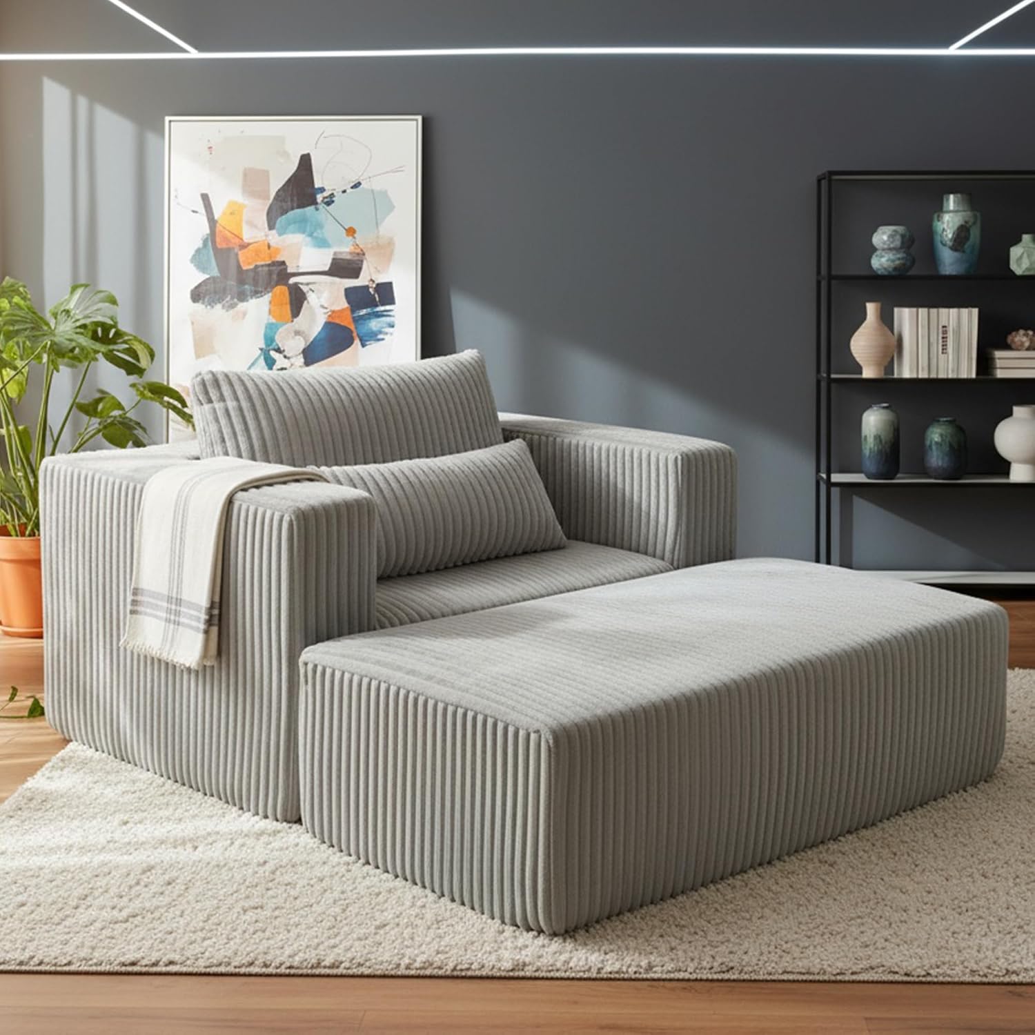 GDFStudio Full-Foam Boneless Sofa with Ottoman, Compressed Cloud Sofa Bed Single Chaise Lounger Small Couches for Small Spaces Bedroom Living Room, Modern Couch Recliner Corduroy Furniture, Smoke Grey