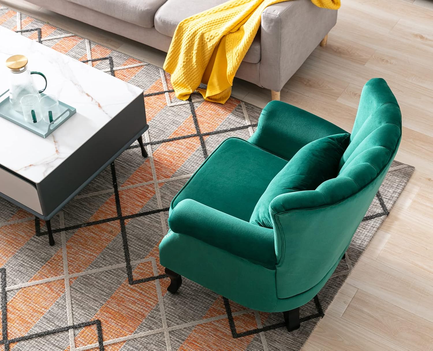 Kmax Green Accent Chair Velvet Wingback Chair with Pillow Nail-Head Channel Tufted Club Oversized Chair for Living Room Bedroom Guest Room