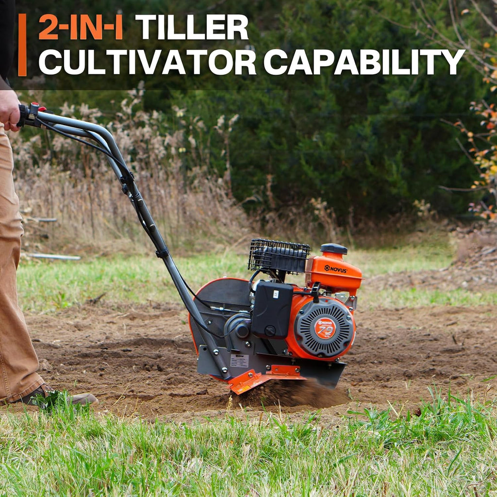 NOVUS 2-in-1 Gas Tiller for Gardening, 4-Cycle Front Tine Tiller Cultivator,9'-17' Tool-Free Tilling Width Adjustment, 24 Steel Tines, Never-Flat Wheels, 79CC Garden Tiller for Lawn, Soil Cultivation
