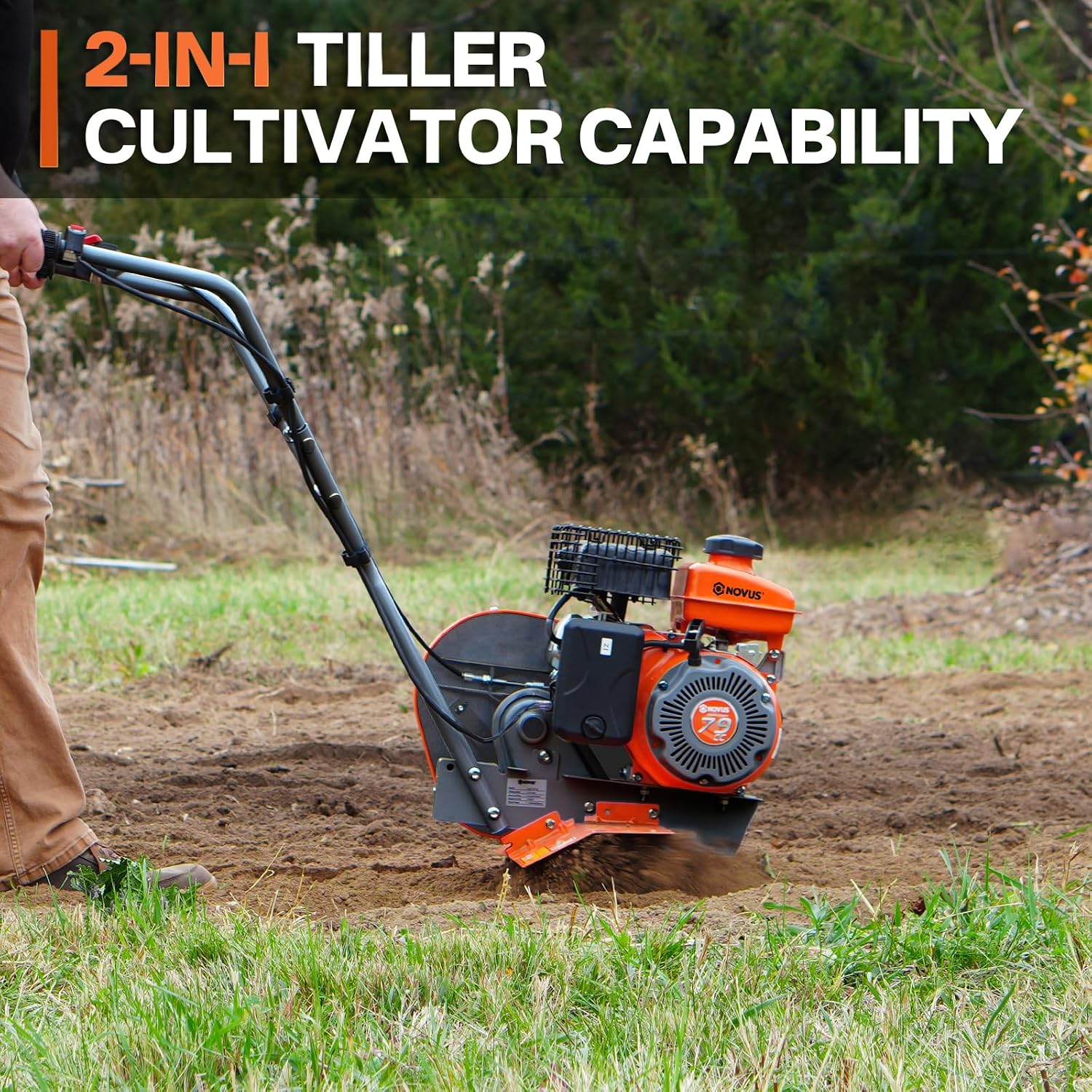 NOVUS 2 in 1 Gas Tiller Cultivator with 79cc 4-Cycle Engine, 9'-17' Tool-Free Tilling Width Adjustment, 24 Steel Tines, Never-Flat Wheels,Front Tine Gardon Tiller for Lawn, Field Soil Cultivation