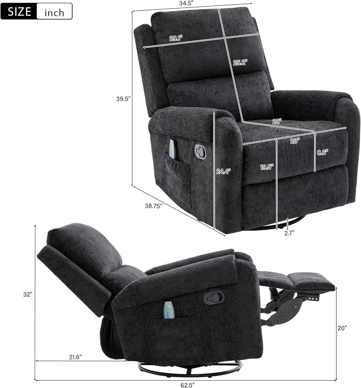 Christopher Knight Home Harper Massage Recliner Chair with 8 Modes, Chenille Upholstered Recliner Sofa, Swivel Massage Chair with a Side Storage Pocket for Living Room/Bedroom, Head Support, Black
