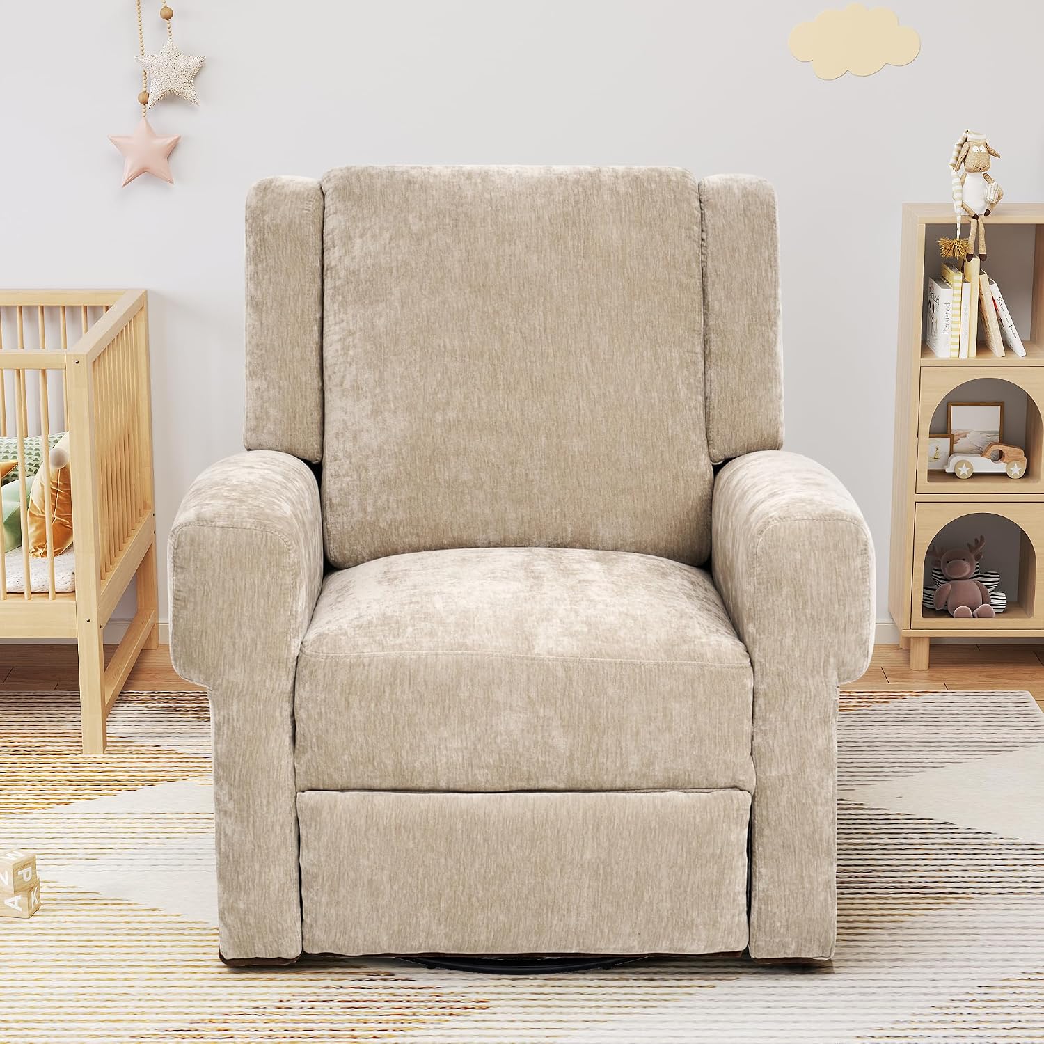 Merax Manual Recliner Chair with Swivel and Rocker, 2-Position Chenille Recliner Sofa with Pull Handle, Compact Recliner for Living Room, Nursery, Home Theater, Brown