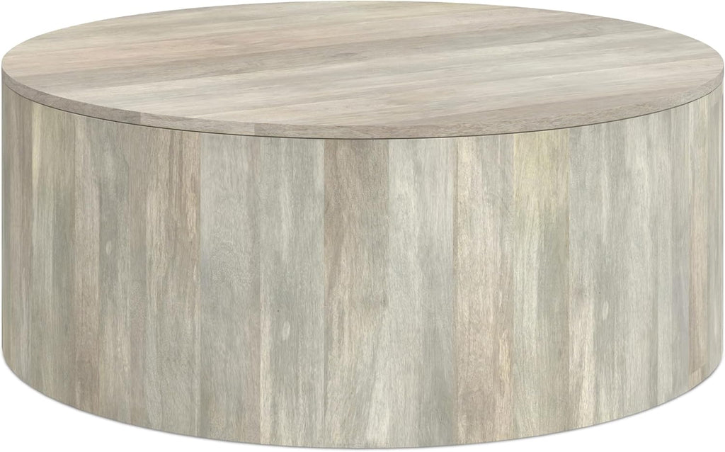 SIMPLIHOME Millbury Drum Coffee Table - 36 inch Wide Solid Mango Wood Round Living Room Table in White Wash, Contemporary Cocktail Table for Family Room or Lounge with Large Surface, Assembled