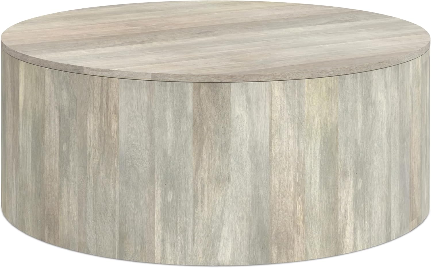 SIMPLIHOME Millbury Drum Coffee Table - 36 inch Wide Solid Mango Wood Round Living Room Table in White Wash, Contemporary Cocktail Table for Family Room or Lounge with Large Surface, Assembled