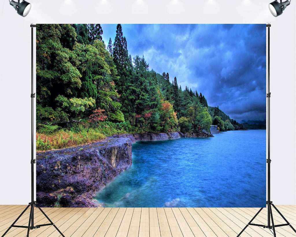 Trykid 20x10ft Lush Green Forest Blue Lake Backdrop Cliff Moody Sky Nature Landscape Photography Background Hiking Camping Party Decoration Tapestry Photo Studio Prop Fabric