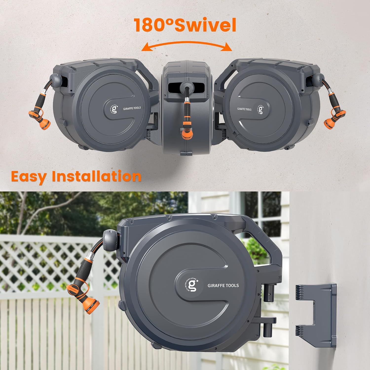 Giraffe Tools AW30 Wall Mounted 1/2' x 100 ft Garden Hose Reel, Retractable Water Hose Reel, Automatic Rewind & Lock at Any Length