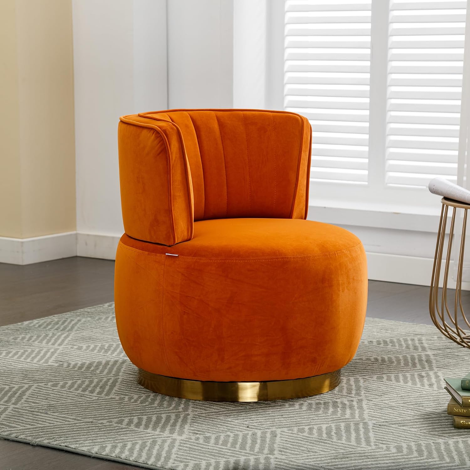 KEIKI Swivel Barrel Accent Chair, 360 Degree Rotating Upholstered Armchair with Velvet Fabric for Living Room, Office, Bedroom, Orange