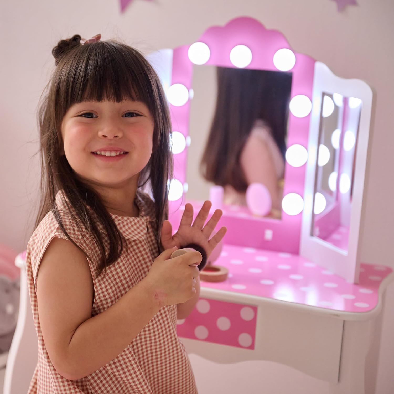 Teamson Kids - Fashion Polka Dot Prints Gisele Play Vanity Set with LED Lights - Pink/White