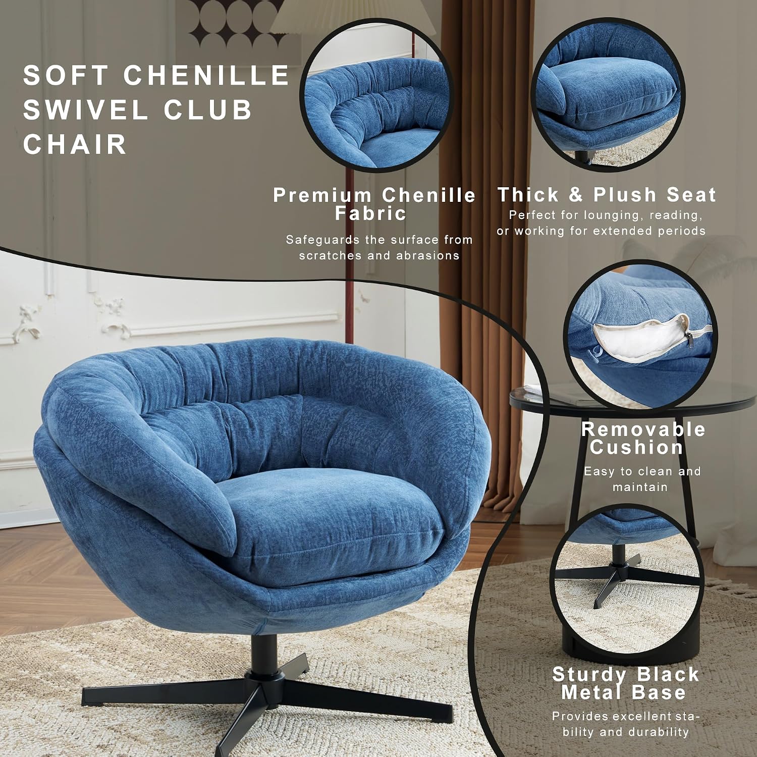 Christopher Knight Home 360° Swivel Club Chair,Chenille Upholstered Accent Chair with Removable Cushion, Round Office Chair with Black Metal Base,Navy Blue