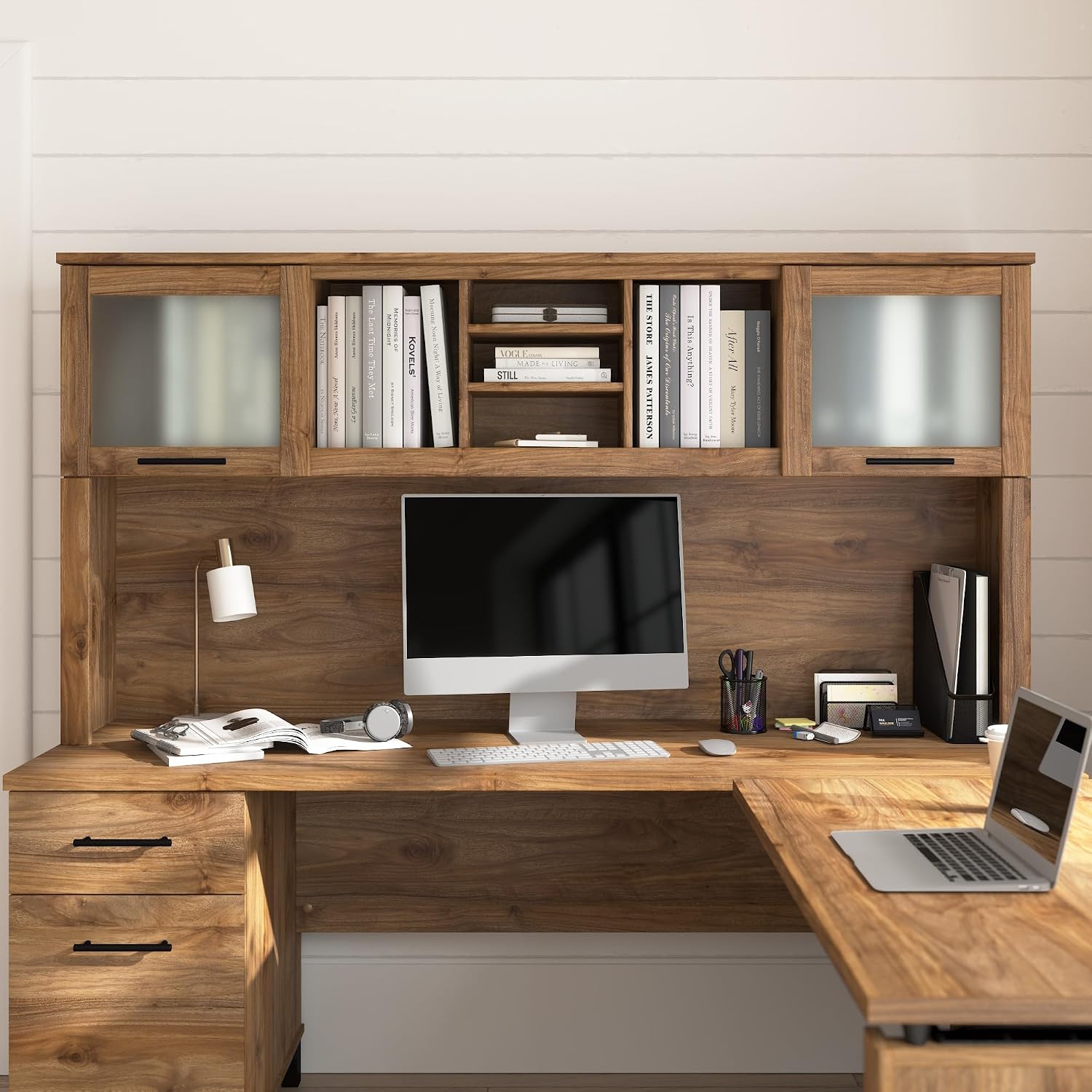 Bush Home 72-Inch Desk Hutch, Office Storage Organizer with Shelves, Cubbies and Frosted Glass Doors for Computer Desk, Home Office Furniture, Somerset Collection, Fresh Walnut