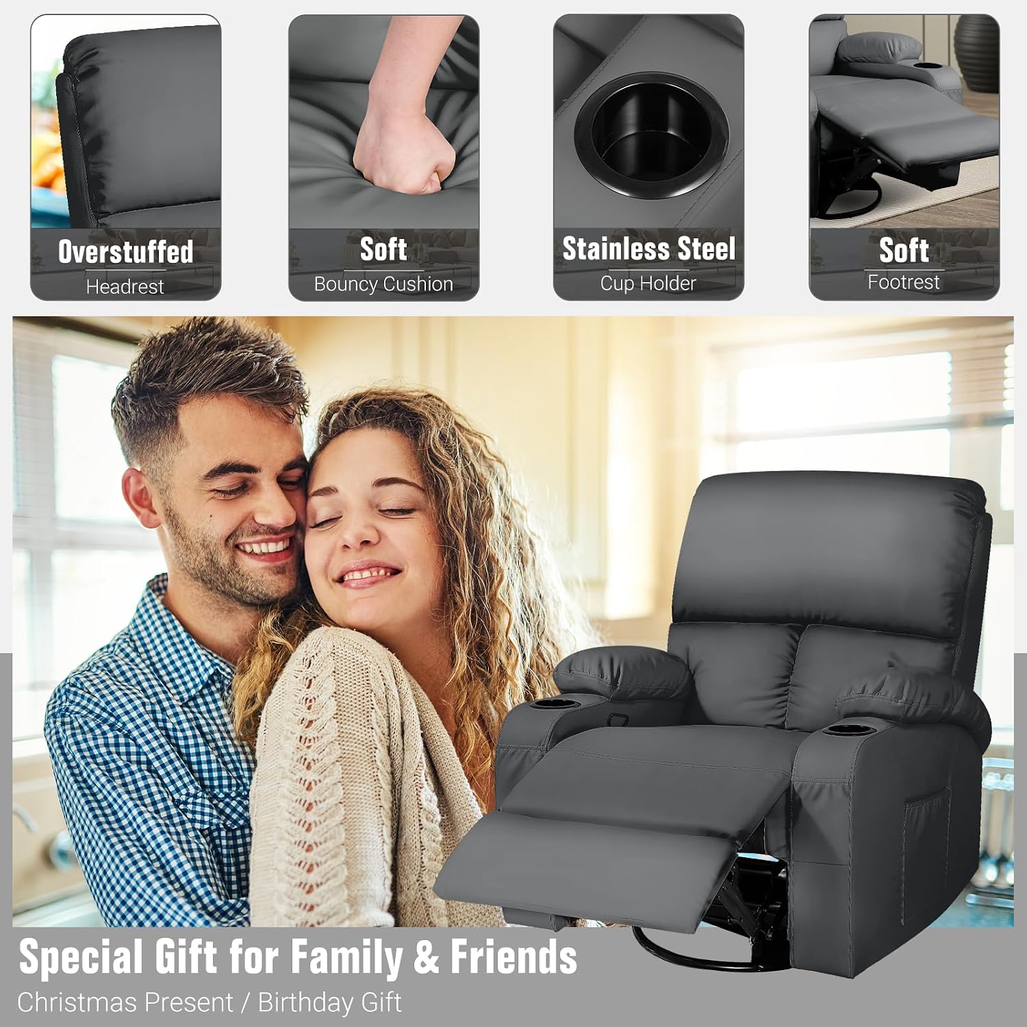 LEVELEVE Rocking Recliner Chair, Massage Rocker Recliner Chair with Vibration Massage and Heat, 360° Swivel Faux Leather Chairs, Living Room, Bedroom, Nursery, RV, Dark Grey