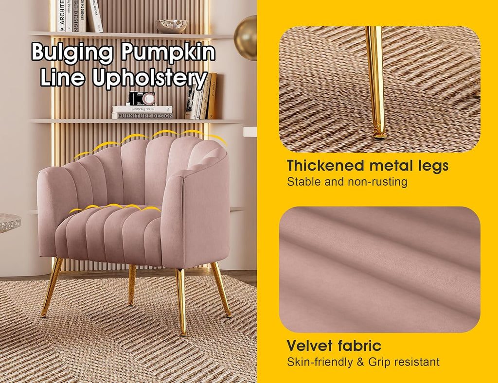 Dewhut Oversized Pumpkin Couch Accent Chair, Modern Comfy Velvet Upholstered Barrel Chairs, Luxury Single Sofa Armchair for Living Room, Waiting Room, Office and Vanity, (Pink)