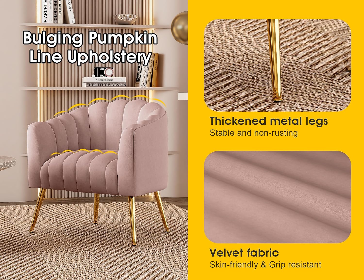 Dewhut Oversized Pumpkin Couch Accent Chair, Modern Comfy Velvet Upholstered Barrel Chairs, Luxury Single Sofa Armchair for Living Room, Waiting Room, Office and Vanity, (Pink)