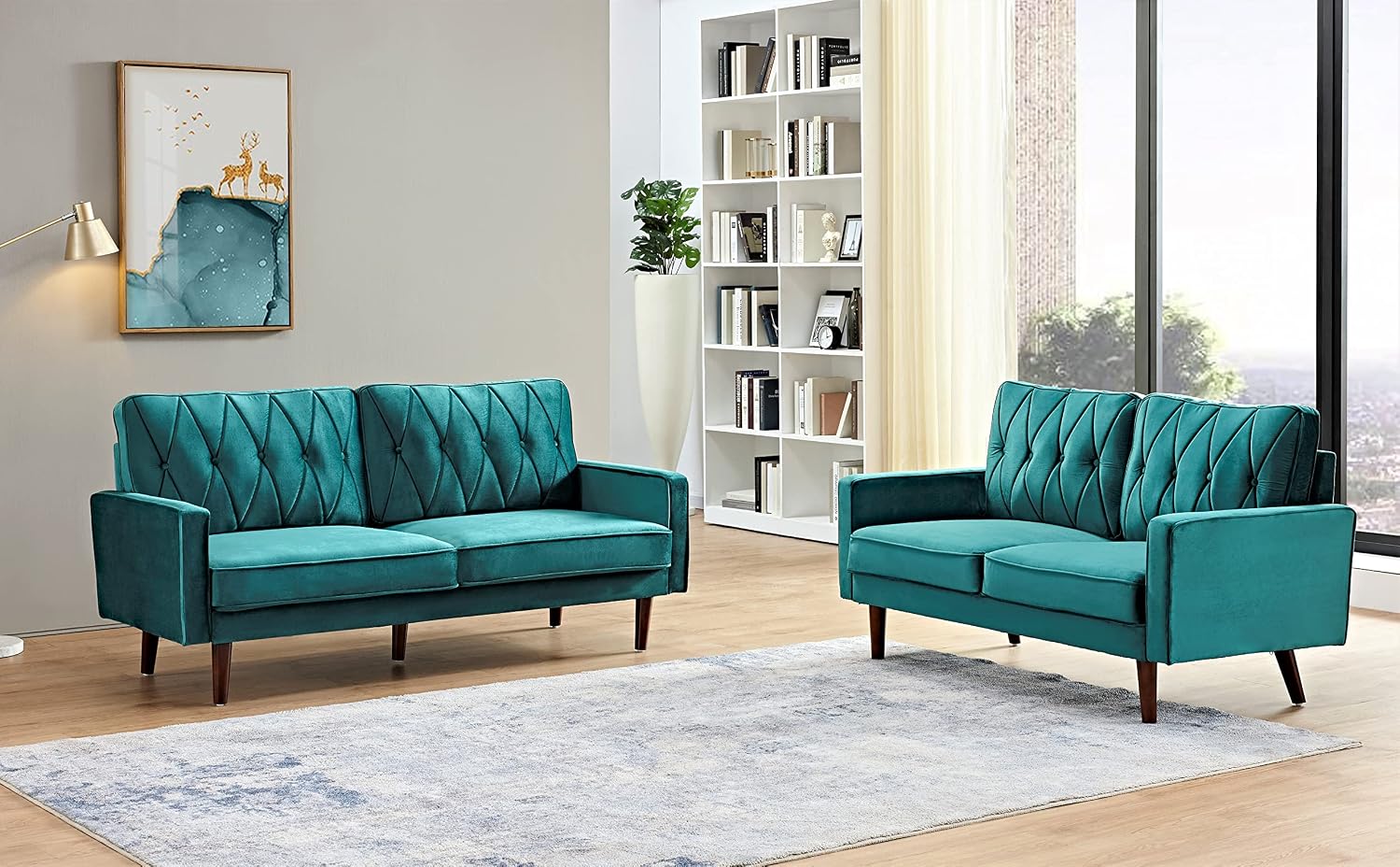 Container Furniture Modern Style Tufted Velvet Couches for Living Room with Soft Fabric Upholstery and Solid Wood Frame, 2 Piece Sofa and Loveseat Set, Green