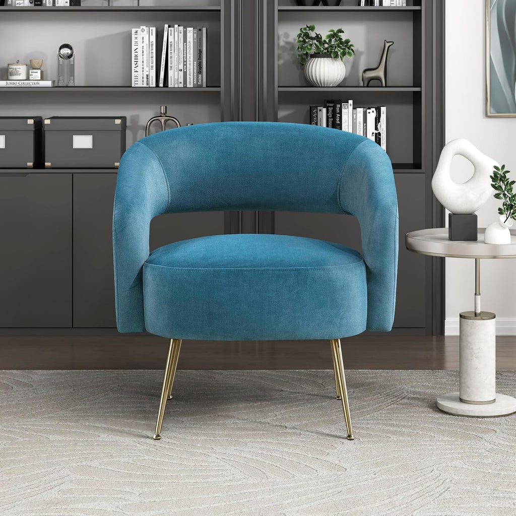 Lexicon Mid-Century Modern Velvet Accent Chair with Open Back, Gold Metal Legs, Upholstered Curved Barrel Armchair for Living Room/Bedroom/Office, Easy Assembly, Dark Teal