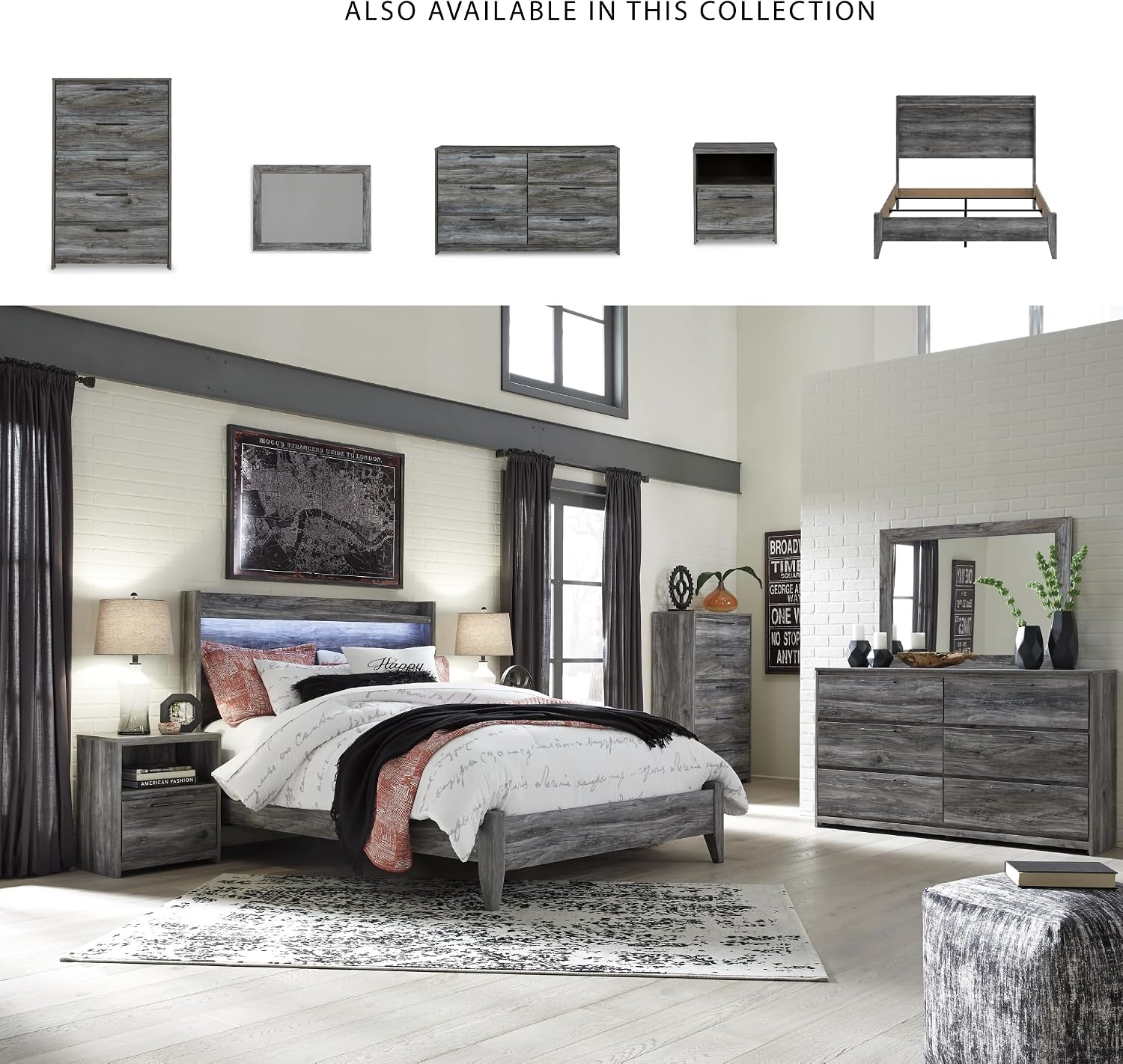 Signature Design by Ashley Baystorm Rustic Coastal 6 Drawer Dresser, Smoky Gray
