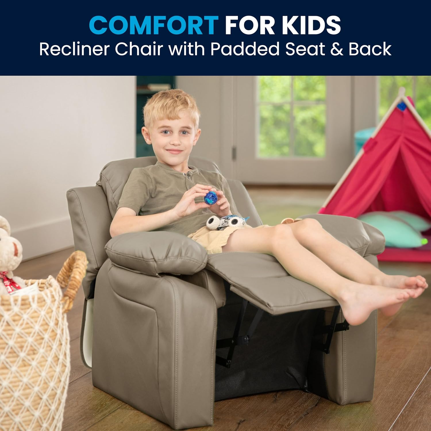 Flash Furniture Charlie Vinyl Kids Recliner with Flip-Up Storage Arms and Safety Recline, Contemporary Reclining Chair for Kids, Supports up to 90 lbs., Beige