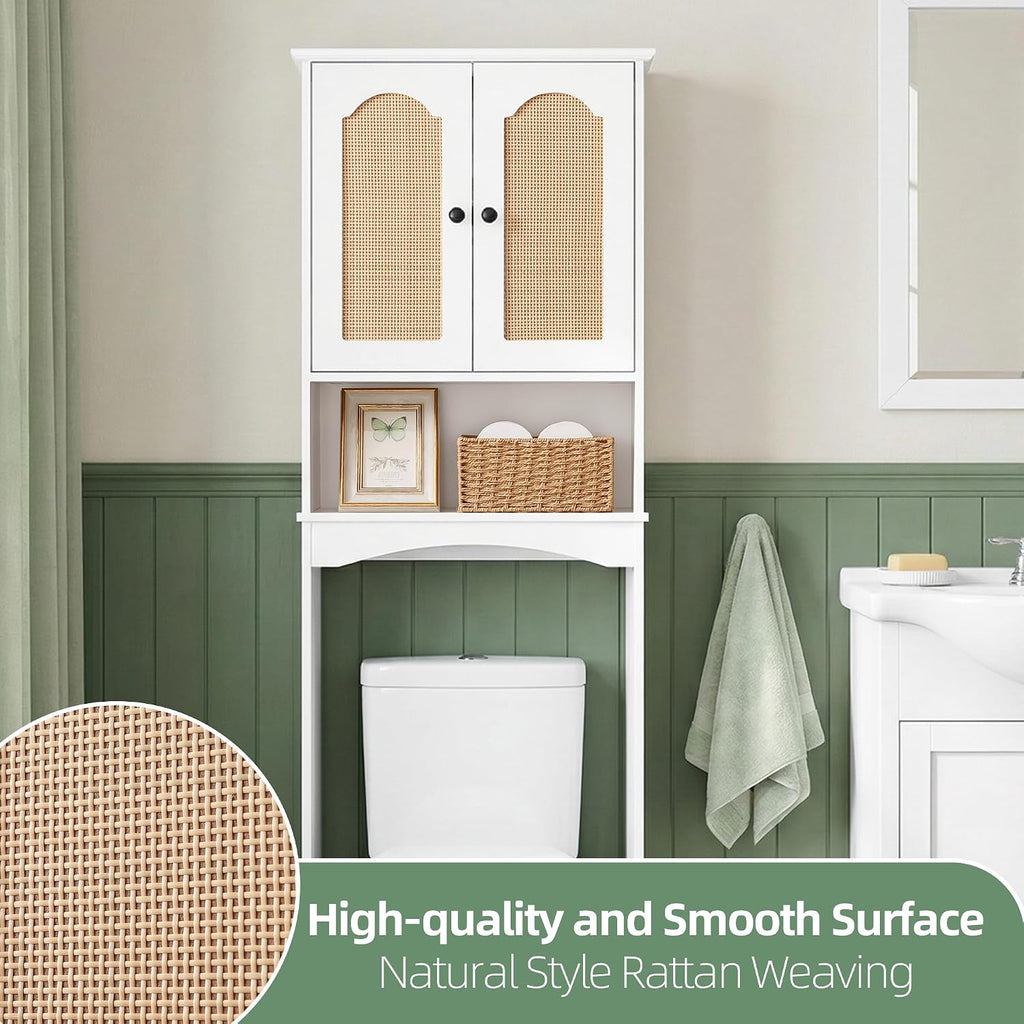 Over The Toilet Storage Cabinet with Rattan Doors, Boho Farmhouse Bathroom Organizer Over Toilet, 5-Level Adjustable Bottom Bar Fits Water Valve, 3 Adjustable Inner Shelves, White, 24'x70'