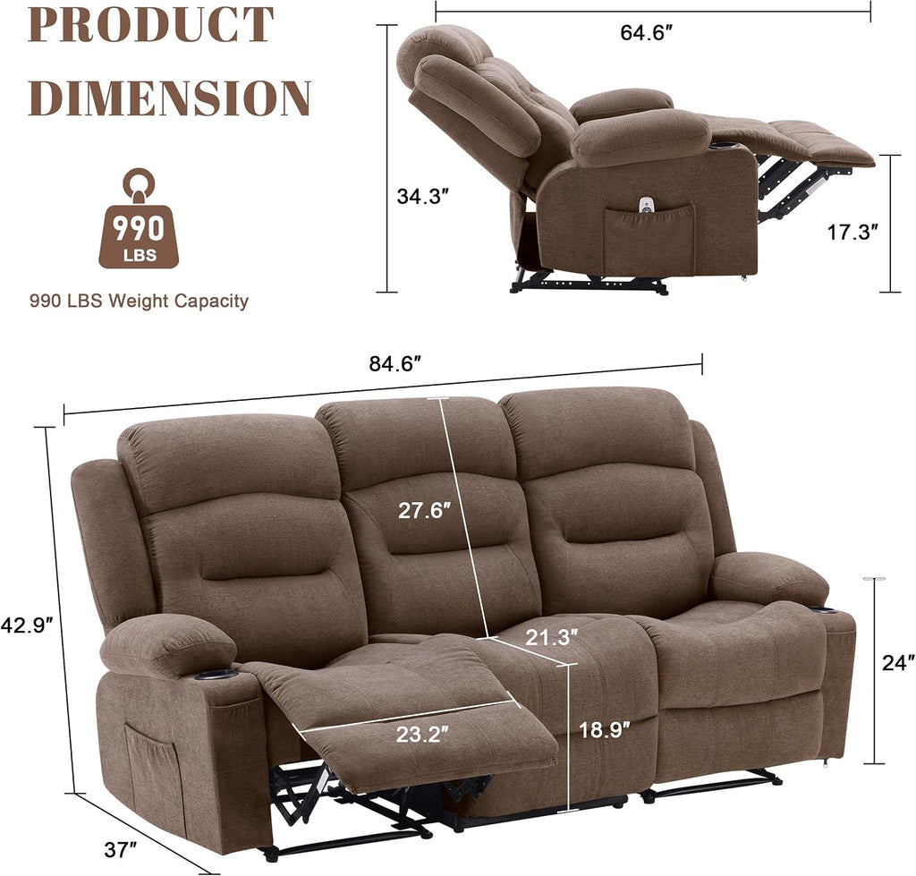 Weture Oversized Recliner Sofa with Heat and Massage, Wall-Hugger Reclining Sofa with Cup Holders and USB Port, Big Large 3-Seater RV Recliner Couch Sofa for Living Room (Fabric, Brown)