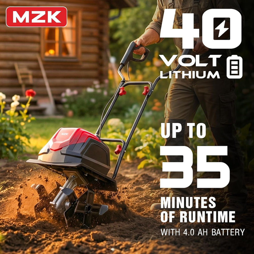 MZK 40V 12-inch Cordless Garden Tiller, 12In Width and 8.6In Depth Garden Rototiller,Battery Powered Garden Cultivator for Lawn/Gardening/Soil Cultivation(2 * 4.0Ah Battery&Charger Included),TC12D02