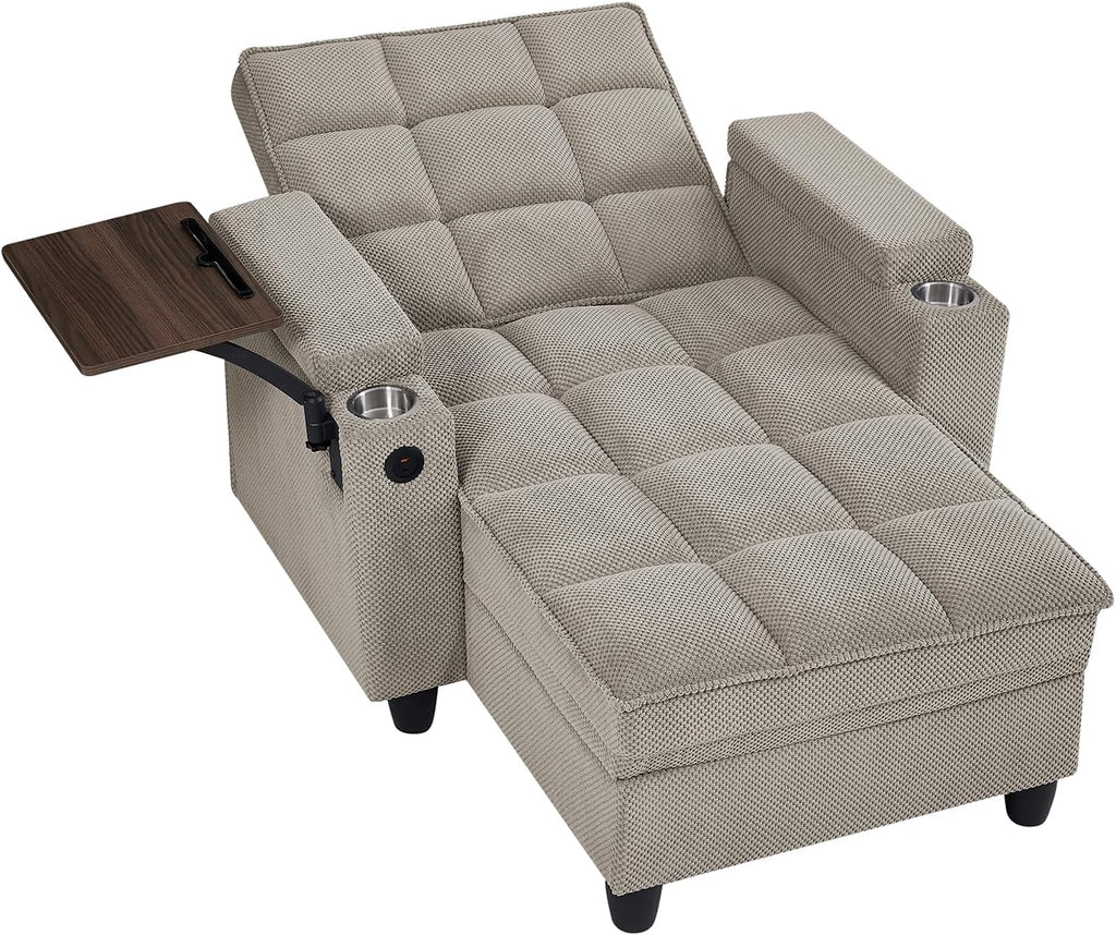 Eafurn Convertible Chaise Lounge Sleeper Chair with Storage and 6-Position Reclining Backrest,Modern Tufted Recliner Lounge Chaise Chair with Swivel Tray Table & USB Port for Living Room