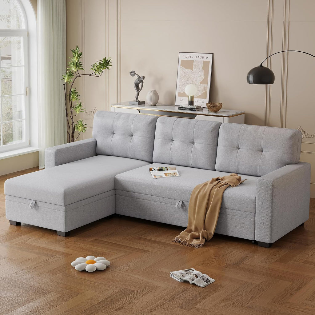 82' L-Shape Convertible Sleeper Sectional Sofa with Storage Chaise and Pull-Out Bed,Modular Corner Couch Lounge,w/Removable 3 Back Cushions and Armrest,for Home Furniture,Light Gray