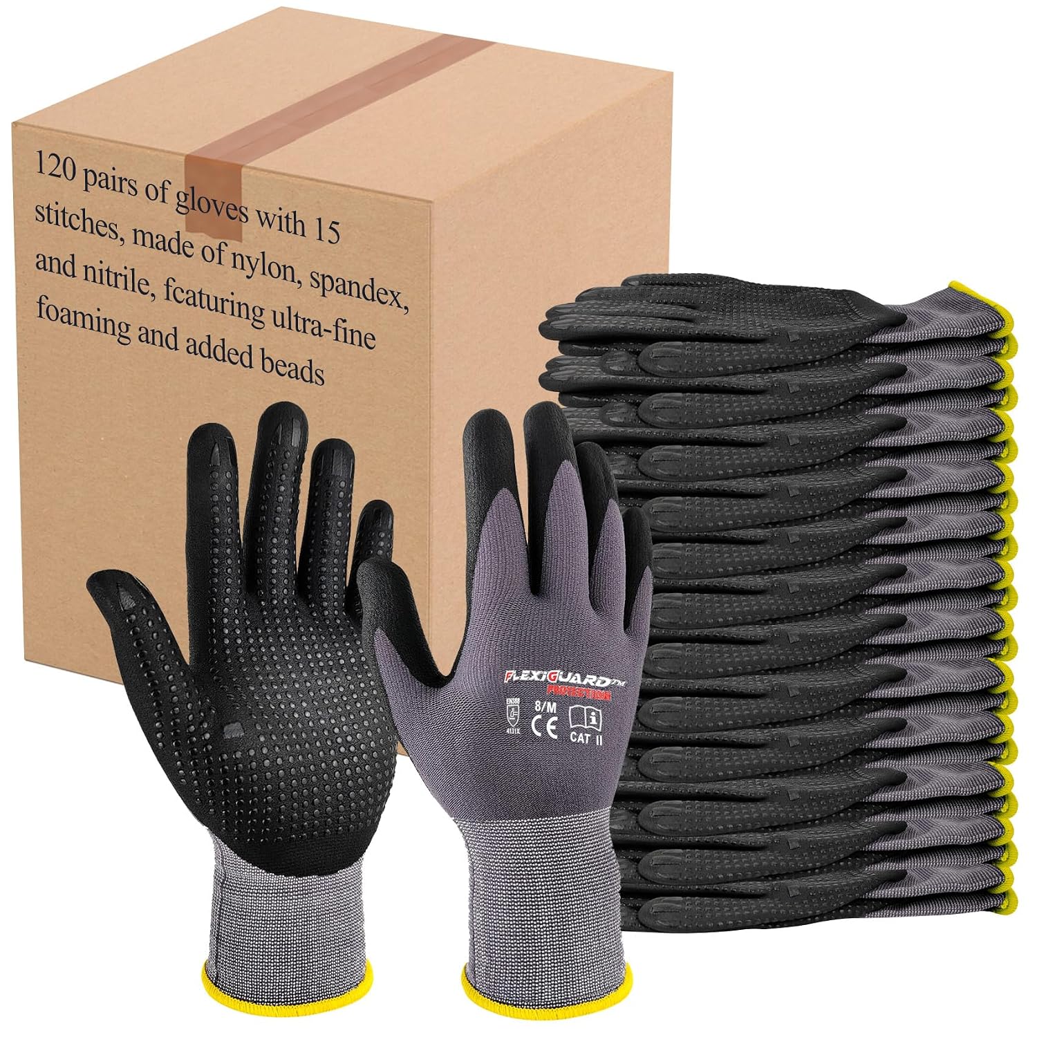 Gasoline Safety Work Gloves Extra Micro-Foam Nitrile Coated-12 Pairs,Endurance Seamless Knit Nylon Spandex,Dots on Palm, Dot Grip Gloves，Work Gloves Men and Women (120, XS)