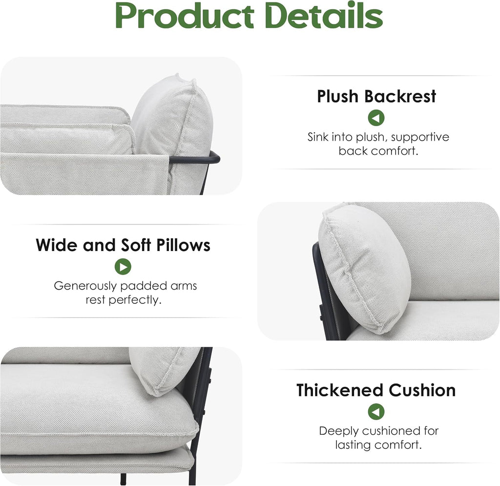 Modern Accent Chairs Set of 2, Oversized Living Room Chairs, Reading Chair with Solid Metal Legs, Fabric Armchair with Side Pockets and 2 Pillows, Accent Chairs for Bedroom, Nursery, White