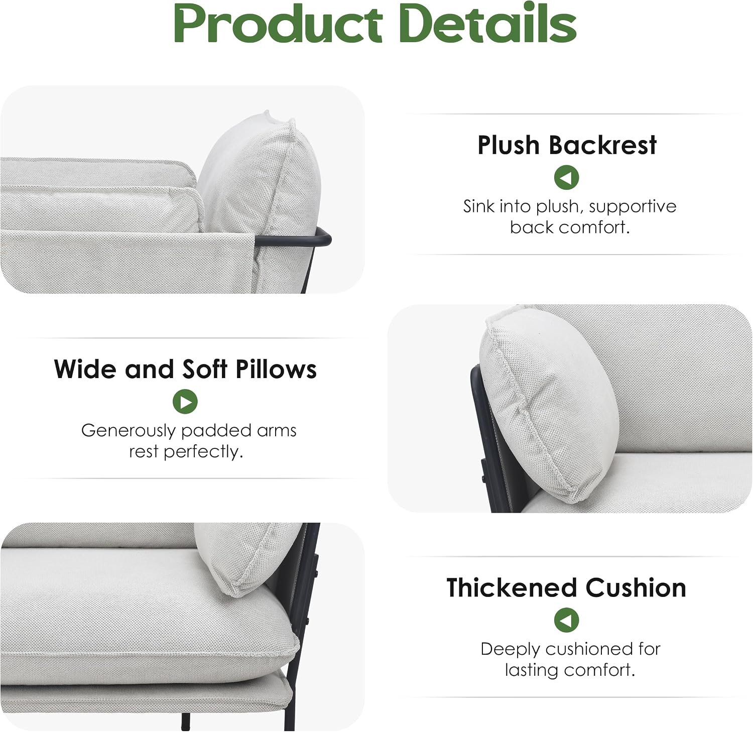 Modern Accent Chairs Set of 2, Oversized Living Room Chairs, Reading Chair with Solid Metal Legs, Fabric Armchair with Side Pockets and 2 Pillows, Accent Chairs for Bedroom, Nursery, White
