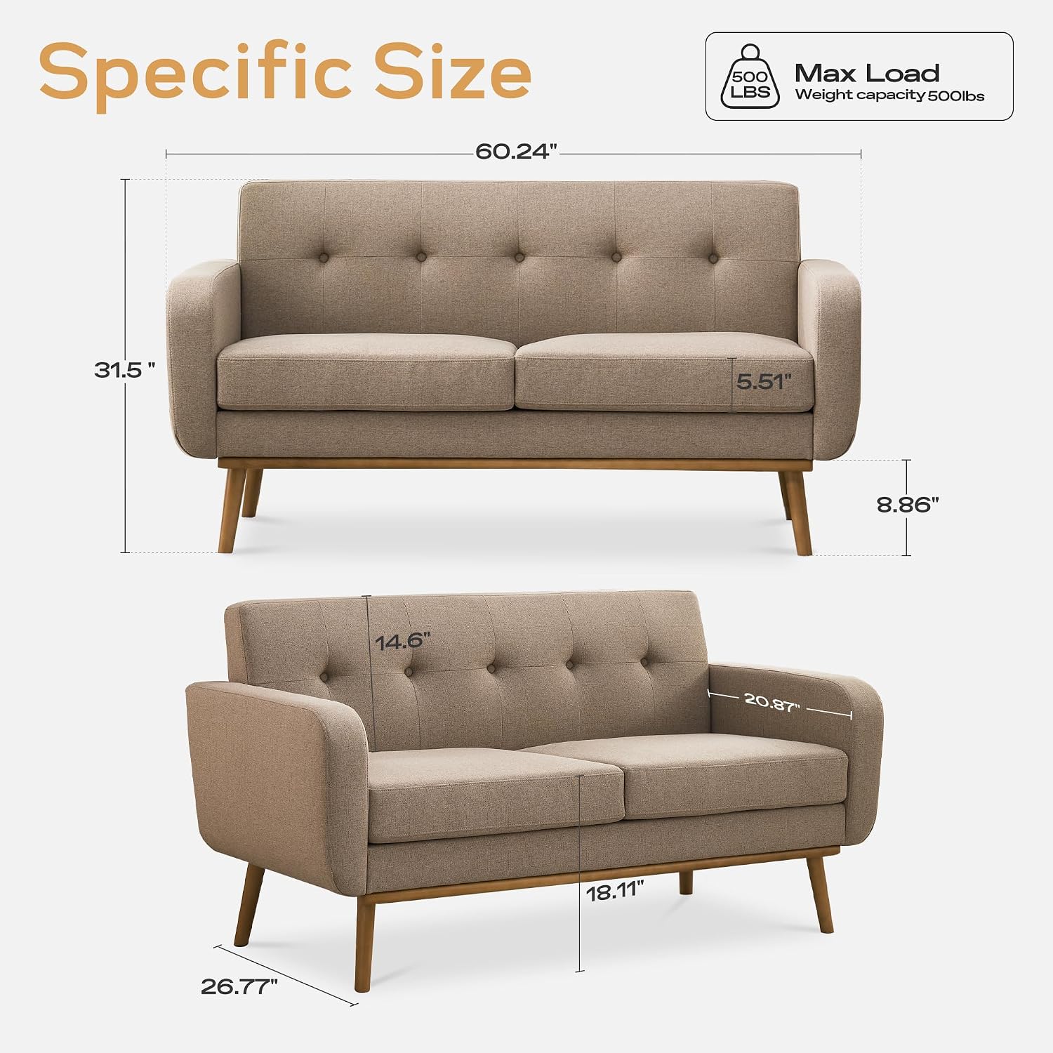 HUIMO Living Room Set, Button Tufted Living Room Furniture Sets, Upholstered Modern Couch Set with Solid Frame, Sofa Set for Living Room (Brown, 3 Piece Set-1*loveseat+2*Chair)